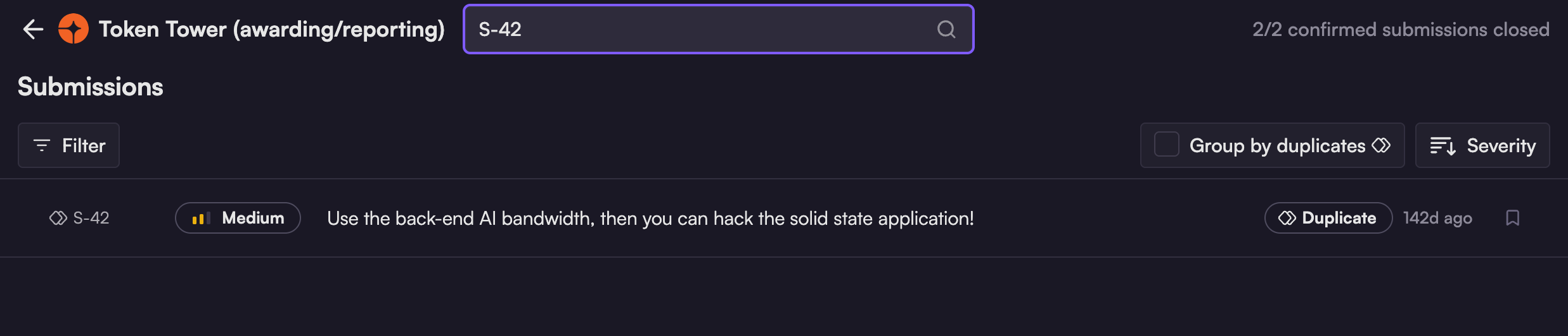 Screencap of a submission list displaying search results for `S-42`